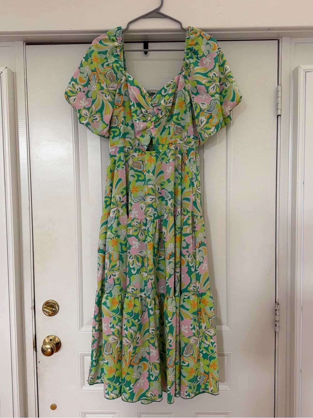 Green Floral Maxi Dress with Pink Accents - Unbranded